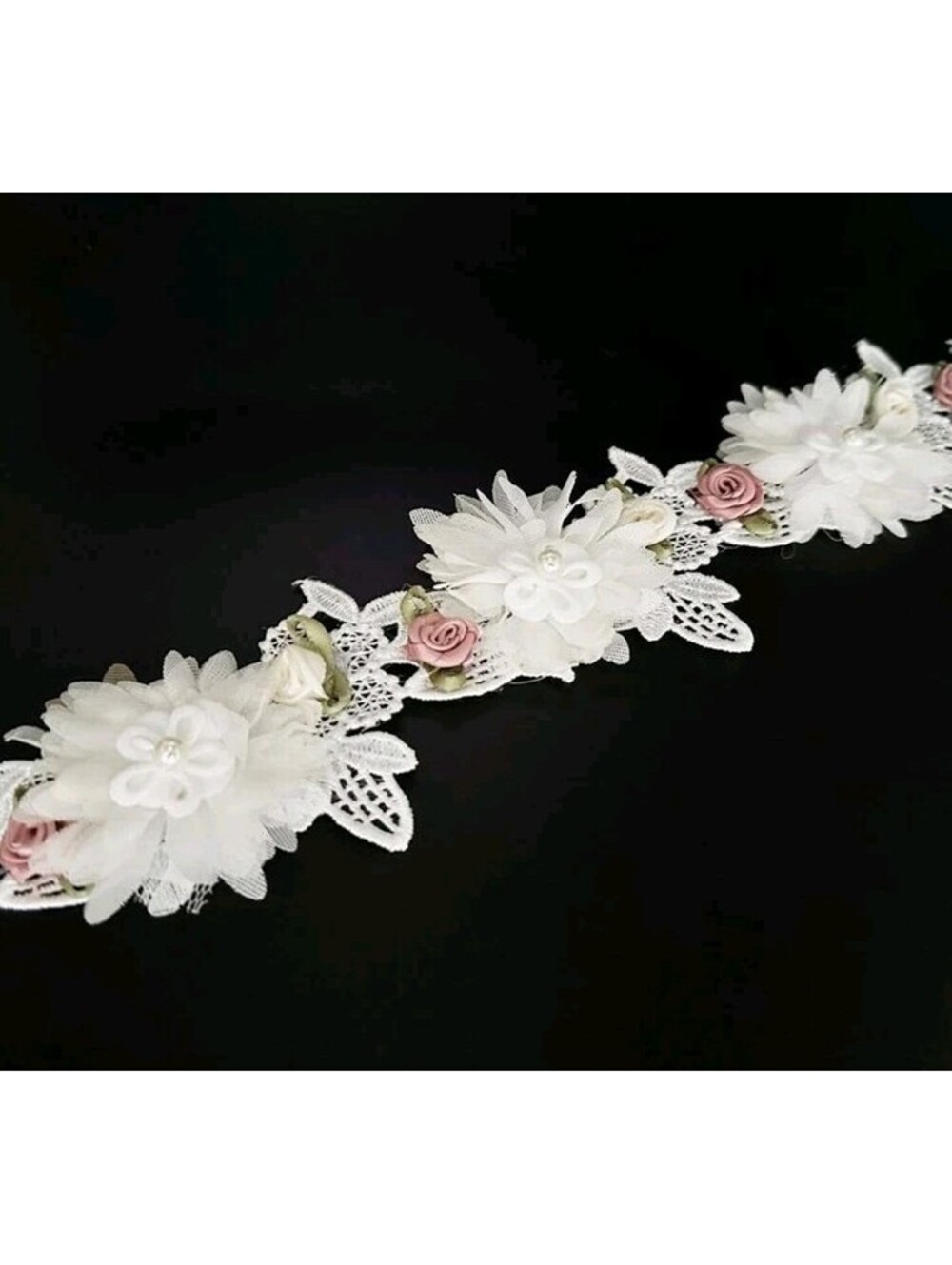 1 Yard Vintage Elegant Flower Pearl Beads Lace Trim Ribbon Flower Embroidered...